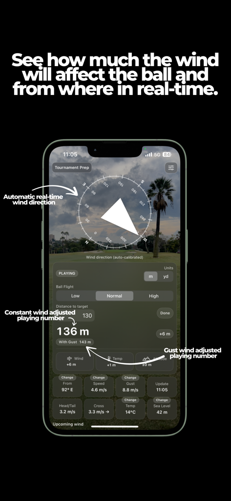 Tour Wind Golf app showing wind direction and adjusted playing distance