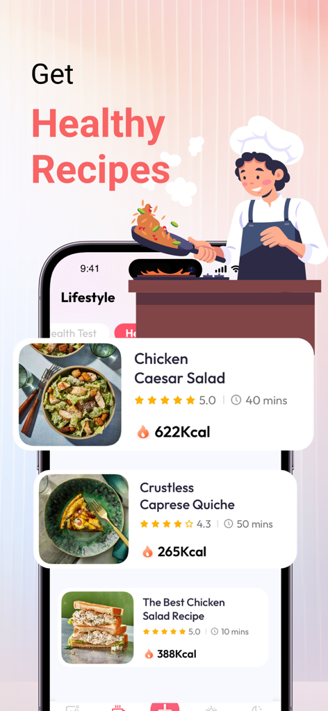 The My Pulse app interface showing healthy recipe suggestions including Chicken Caesar Salad and Caprese Quiche with calorie counts