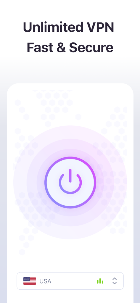 VPN One Super Unlimited Proxy - VPN One app interface showing a central connect button and USA server selection