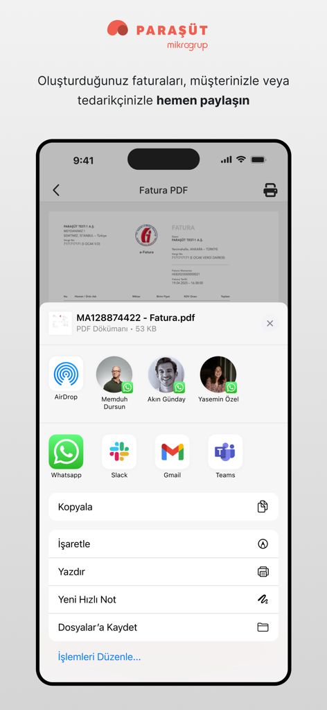 Paraşütアプリのインターフェースが表示されたスマートフォン画面。WhatsApp、Slack、Gmailなどのアプリ経由でPDF電子請求書を共有するオプションがあります。