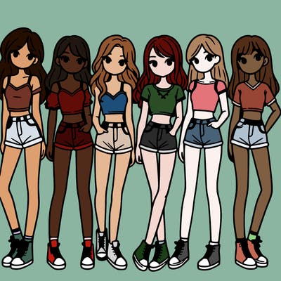 a group of girls wearing crop tops and shorts