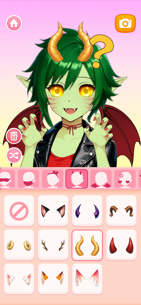 Customizing a green skinned fantasy anime character with golden horns and wings in the app interface