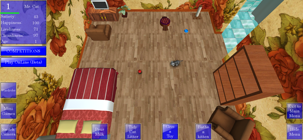 Cute Pocket Cat 3D - A kitten in a virtual room with interaction buttons for feeding and grooming in the Cute Pocket Cat 3D app