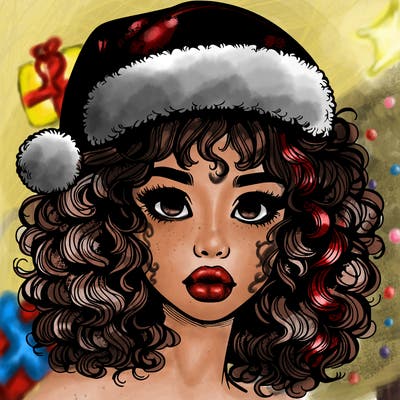 realistic girl with a santa hat curly hair and lips