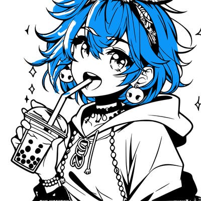hot baddie anime girl drinking boba and biting the straw