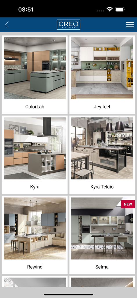 Gruppo LUBE - Mobile app screen displaying various modern kitchen designs from the CREO Kitchens collection.