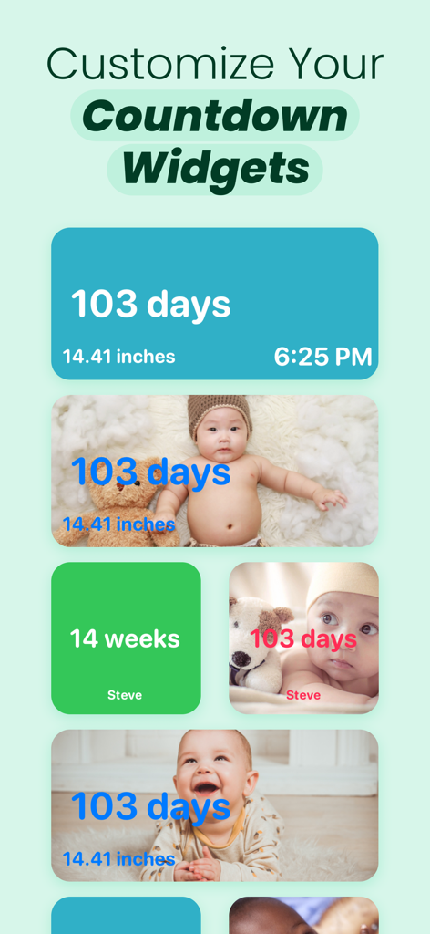 Track My Pregnancy Due Date AI - Customizable pregnancy countdown widgets showing remaining days and baby pictures