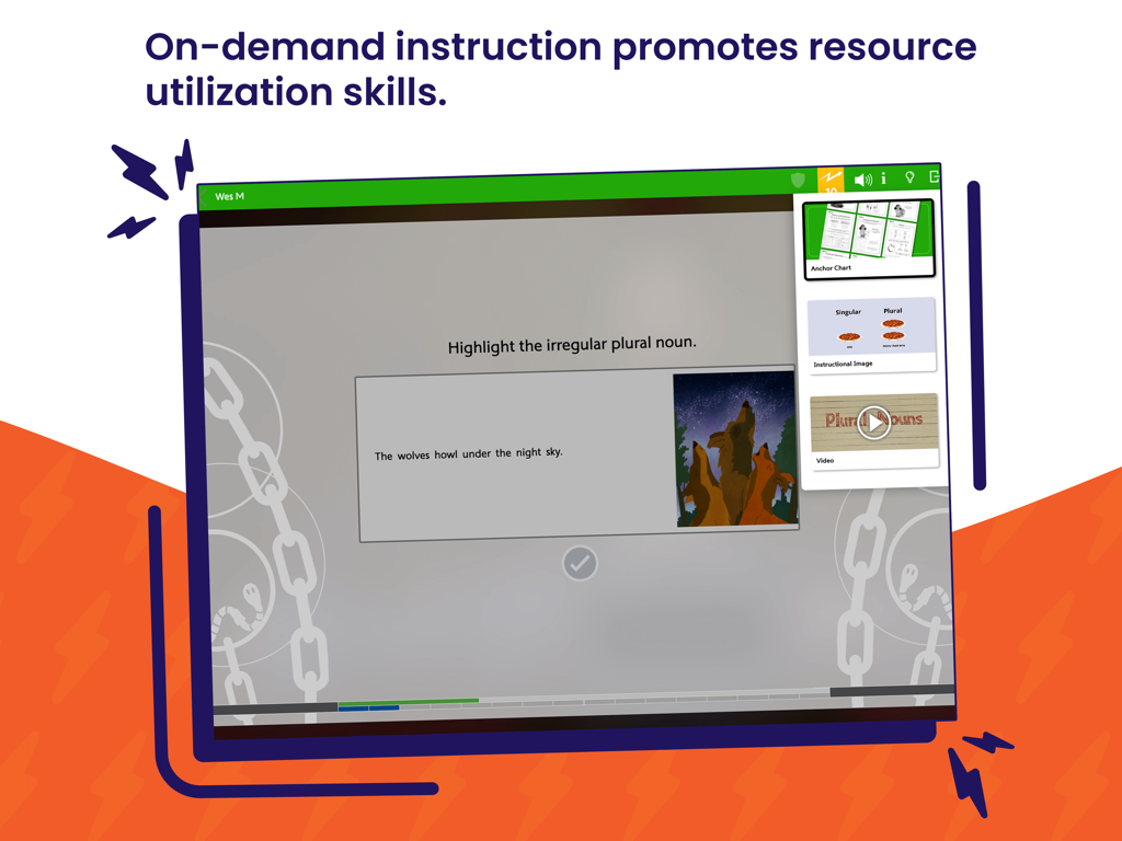 Lexia PowerUp - Lexia PowerUp iPad app showing a grammar exercise about irregular plural nouns with on-demand instructional resources.
