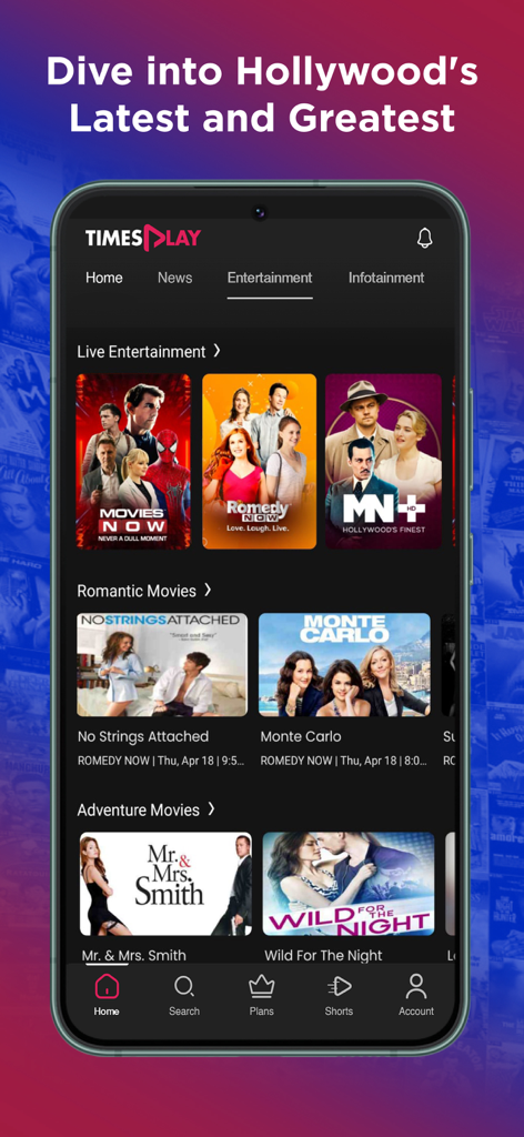 Times Play: Movies,News on OTT - Times Play App-Oberfläche mit Hollywood-Filmen und Live-Unterhaltungskanälen