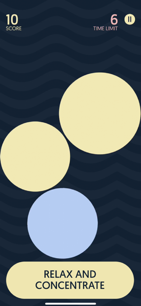 Dream Bubblez gameplay screen featuring pastel circles on a wavy background with the text relax and concentrate