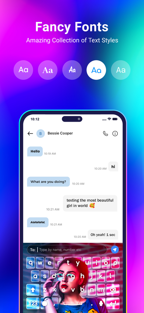Neon Love Theme - Smartphone screen displaying various fancy font styles and a custom photo keyboard background