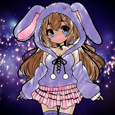 pretty anime girl wearing a fluffy hoodie with bunny ears on the hood and a skirt
