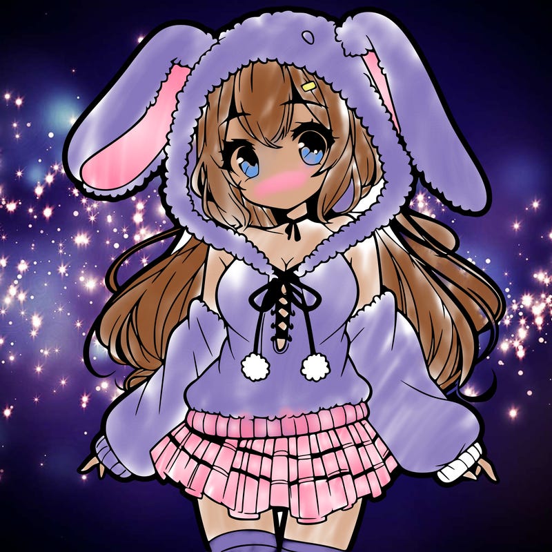 pretty anime girl wearing a fluffy hoodie with bunny ears on the hood and a skirt