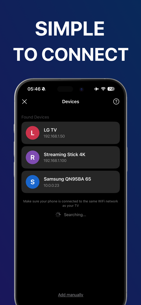 Universal TV remote app interface showing a list of discovered smart TVs and streaming devices on a local Wi-Fi network