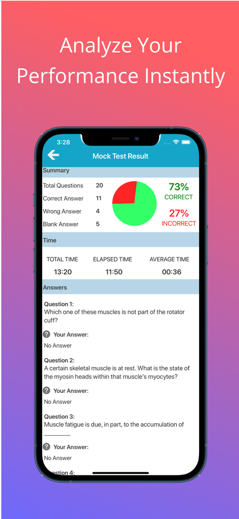 A mobile app screen showing mock test results for an anatomy quiz with a pie chart and time analytics.