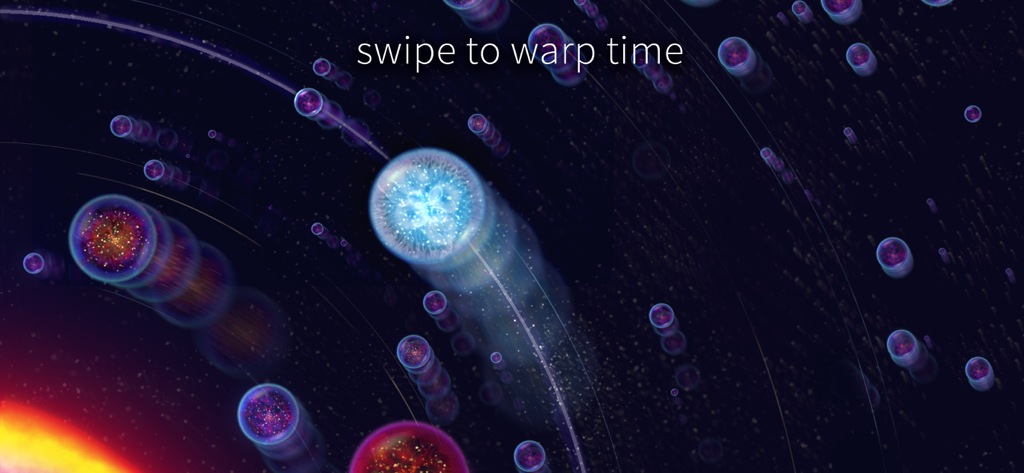 Osmos for iPad - Gameplay screenshot of Osmos for iPad showing glowing motes in a galactic environment with the instruction swipe to warp time.