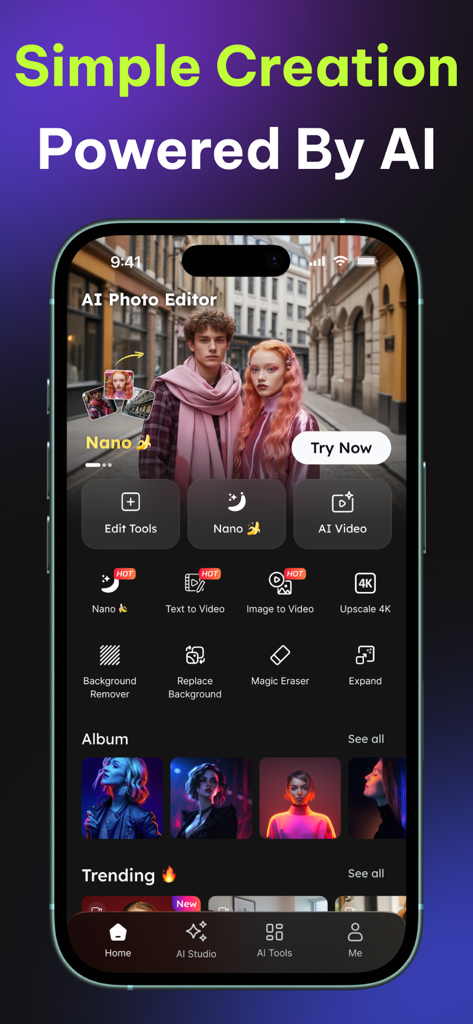 Pixie: AI Photo & Video Editor - Interfaz de la aplicación de edición de fotos y vídeos de Pixie AI mostrando herramientas creativas como Texto a Vídeo y Borrador Mágico