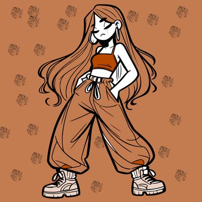 girl in baggy pants crop top and long hair