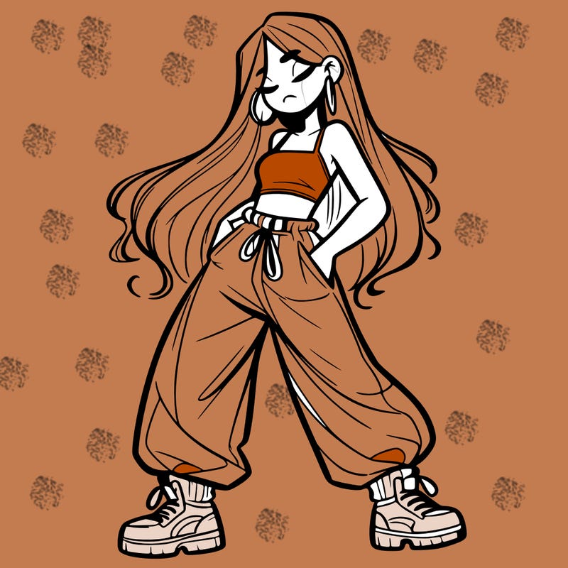 girl in baggy pants crop top and long hair