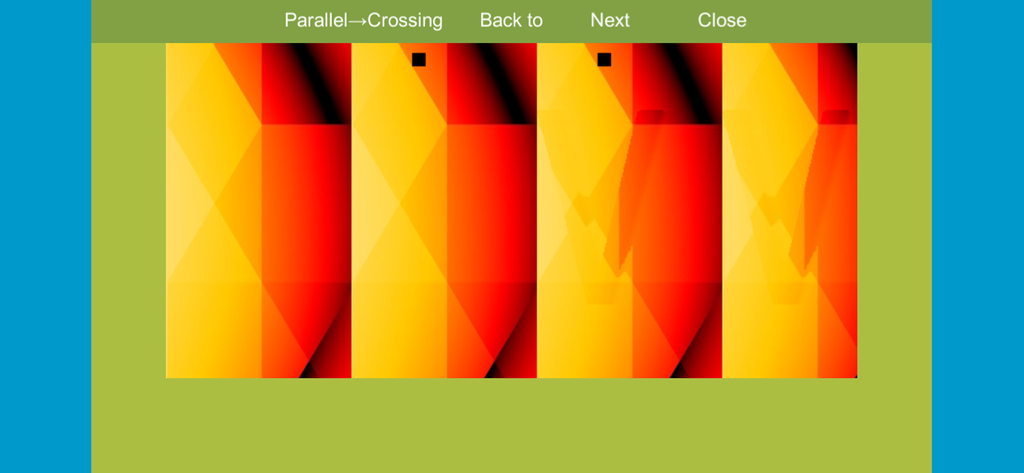 ３×３Ｄ Eye Training - 눈 근육 운동을 위한 추상적인 노란색 및 주황색 패턴이 있는 3D 입체경 훈련 모듈 인터페이스
