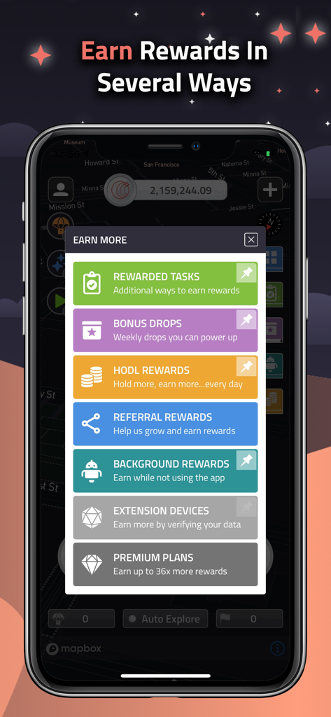 Mobile screen showing different ways to earn rewards on the COIN app including tasks bonus drops and referrals