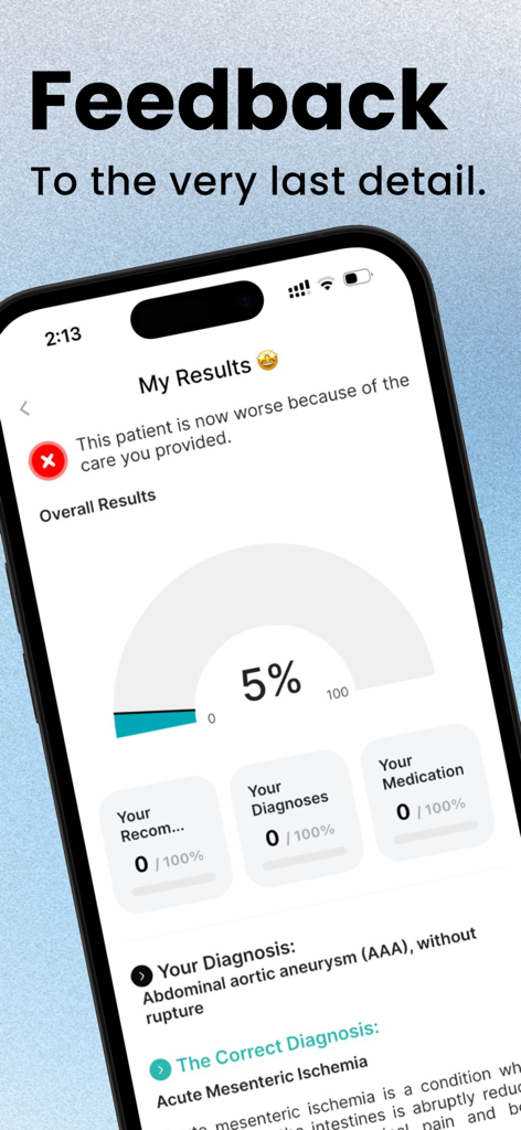 Curans | Virtual Patient Sim - Detailed medical feedback and diagnosis results screen in the Curans simulator app