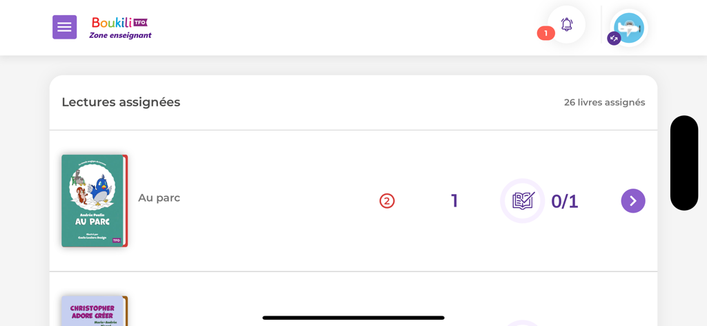Boukili - Boukili teacher zone dashboard showing a list of assigned French reading books for students