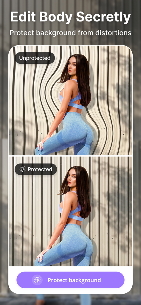 Comparison showing how BeautyUp protects background from distortion during body editing
