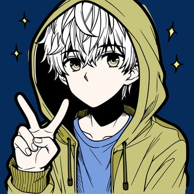 teenage manga boy in a hoodie, doing ✌