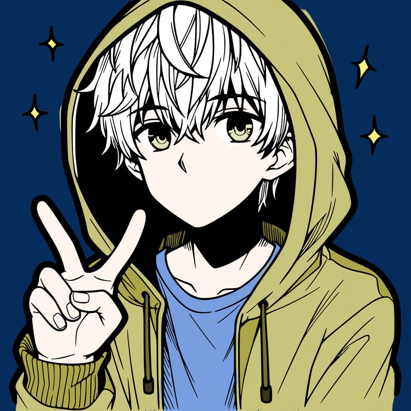 teenage manga boy in a hoodie, doing ✌