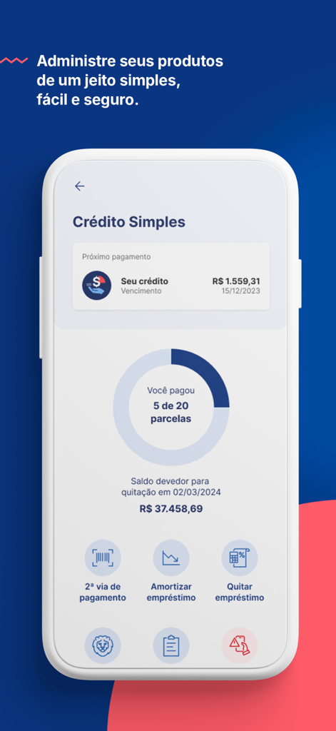 POUPEX - Screenshot of the POUPEX app credit loan dashboard showing payment installments and balance status.