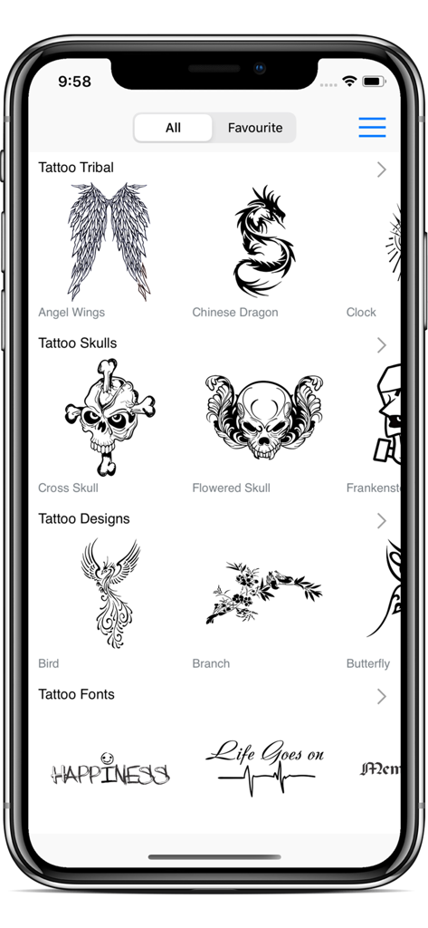 Draw Tattoo - Full Version - Uma captura de tela móvel do aplicativo Draw Tattoo mostrando categorias como tribal, caveiras e fontes com vários exemplos de design.