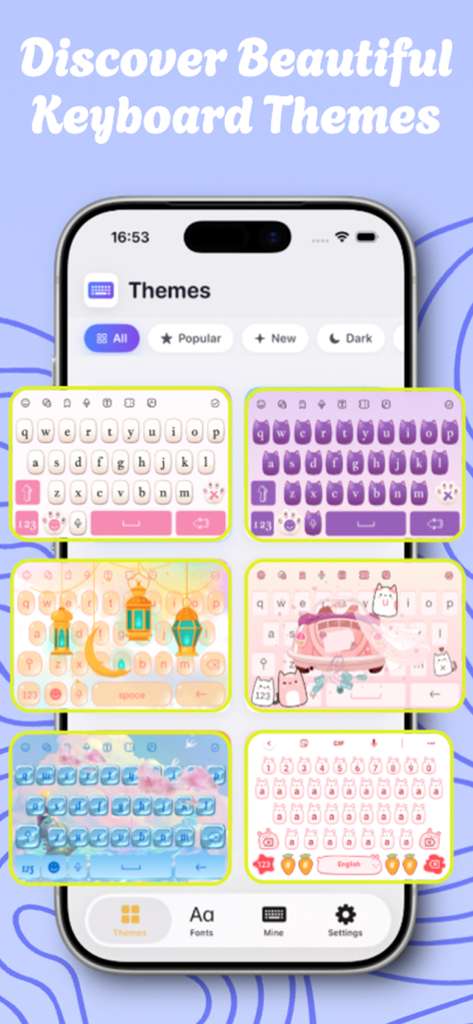 Cute Keyboard: Kawaii & Emoji - A smartphone screen displaying a variety of cute and aesthetic keyboard themes like cats and lanterns.