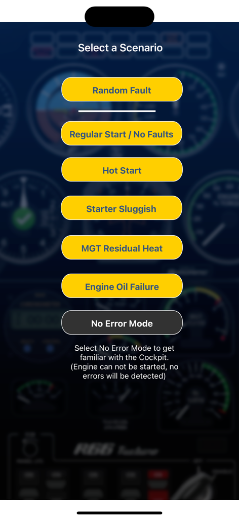 R66 Cockpit Trainer - Menu de seleção de cenários do R66 Cockpit Trainer mostrando opções de treinamento como Hot Start e Falha de Óleo do Motor.