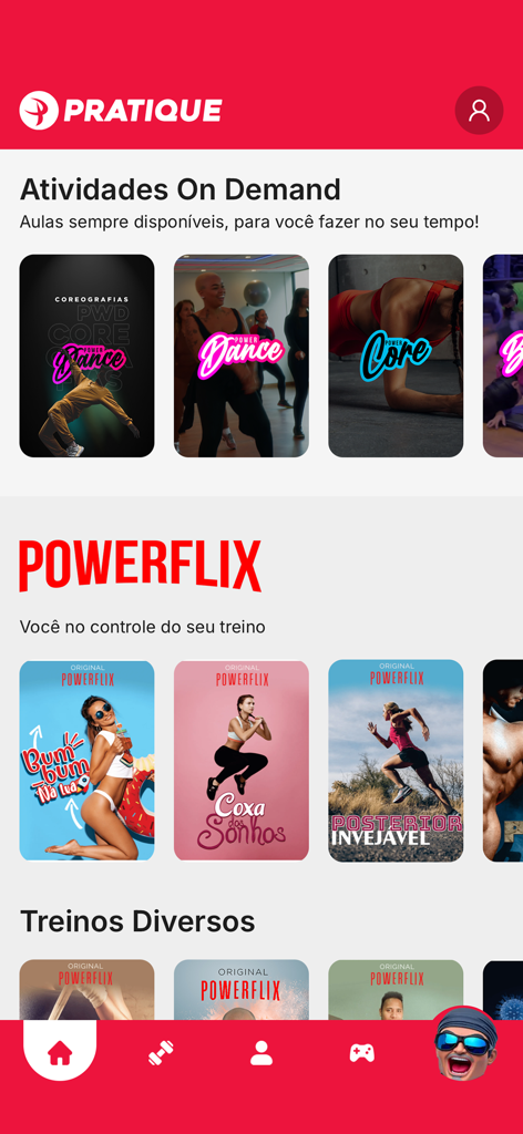 Interface de l'application mobile Pratique Fitness montrant la section Power Flix avec des cours d'entraînement à la demande et des catégories d'exercices.