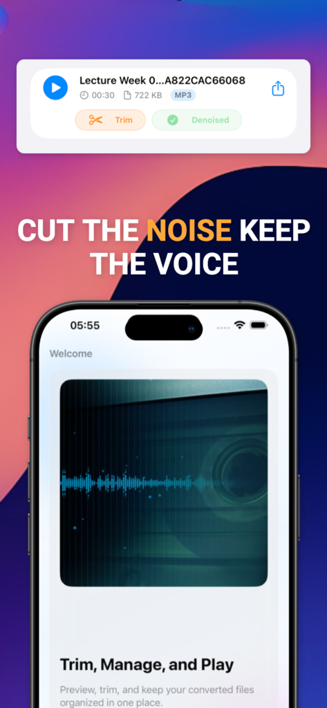 Video to Audio Sound Extractor - Smartphone screen showing audio noise reduction and trimming features for extracted video sound.