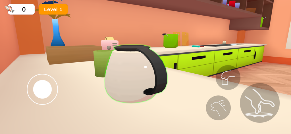 Cat Life Simulator: Devil Cat - First-person gameplay of Cat Life Simulator: Devil Cat showing a cat approaching a teapot in a modern kitchen.