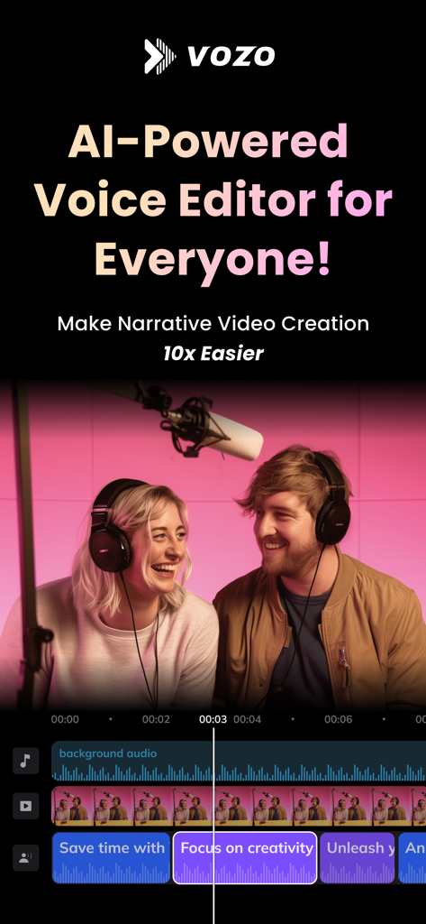 AI powered voice editor by Vozo for narrative video creation with mobile editing interface