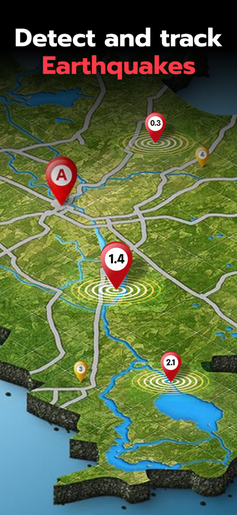Track Earthquake: Map & Alerts - Interfaz que muestra un mapa 3D de terremotos con marcadores de ubicación y alertas de magnitud