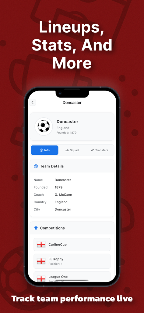 A mobile app interface showing football team details for Doncaster including coach info and active competitions.