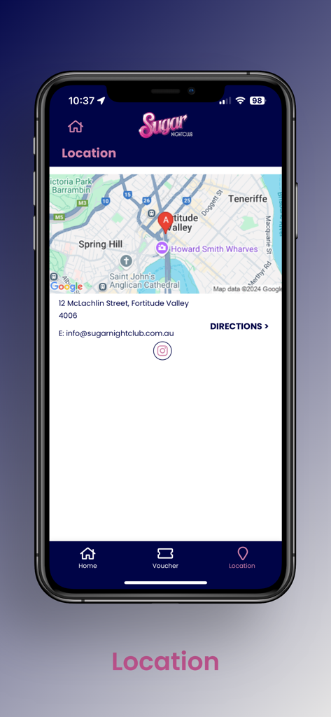 Club Sugar - Map view in the Club Sugar app showing the nightclub's location and address in Fortitude Valley.