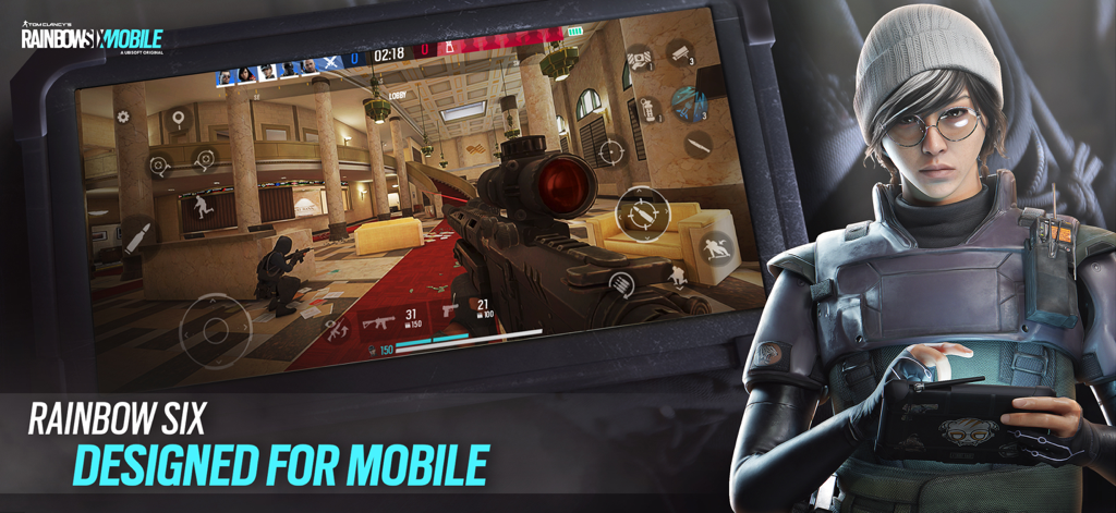 Rainbow Six Mobileの戦術シューターゲームプレイ。オペレーターキャラクターとモバイル画面上のコントロールが表示されている。