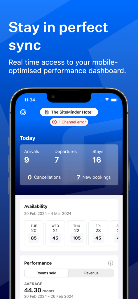 Panel de la aplicación móvil SiteMinder mostrando métricas de rendimiento del hotel en tiempo real para llegadas, salidas y reservas.