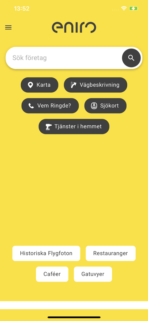 Écran d'accueil de l'application Eniro avec une barre de recherche et des boutons de service sur fond jaune