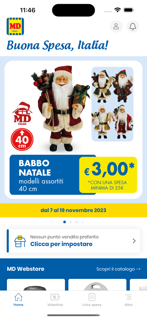 MD spa App Startbildschirm, der eine saisonale Aktion für Weihnachtsmannfiguren und Navigationssymbole für Prospekte und Einkaufslisten anzeigt