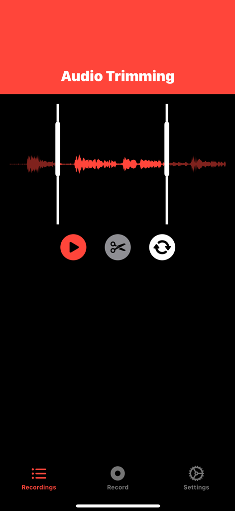 Audio Recorder Pro plus app screen showing the audio trimming tool and waveform editor