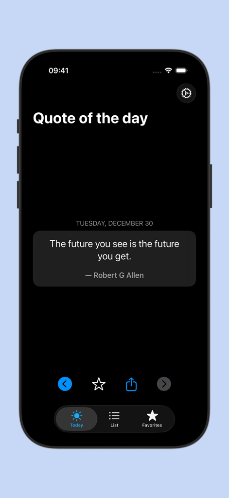 Quote οf the day - ダークな背景にロバート・G・アレンによるモチベーションを高める格言が表示された「今日の格言」アプリのスクリーンショット