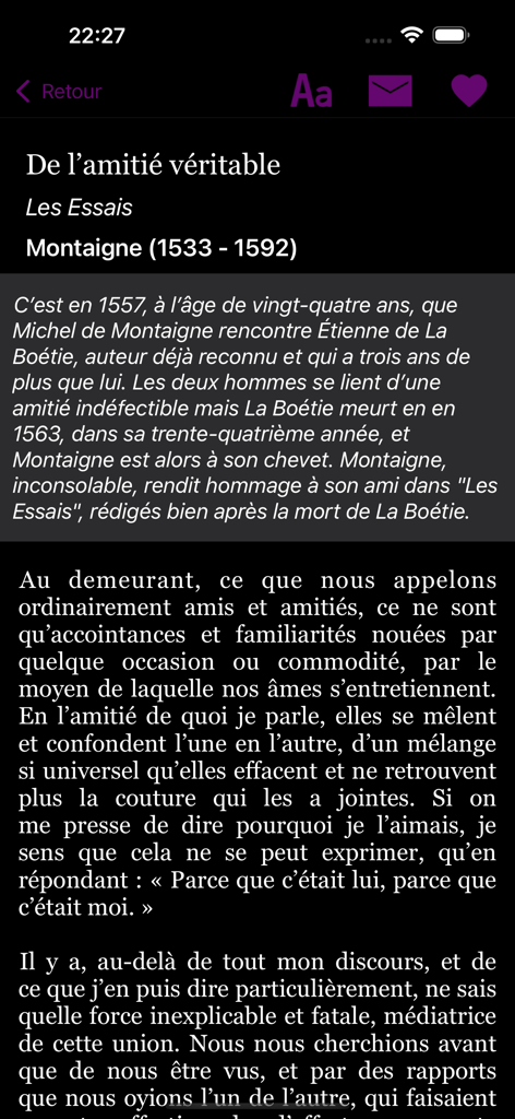 Un Texte Un Jour - Una pantalla que muestra un extracto literario francés de Montaigne sobre la verdadera amistad en la aplicación Un Texte Un Jour.