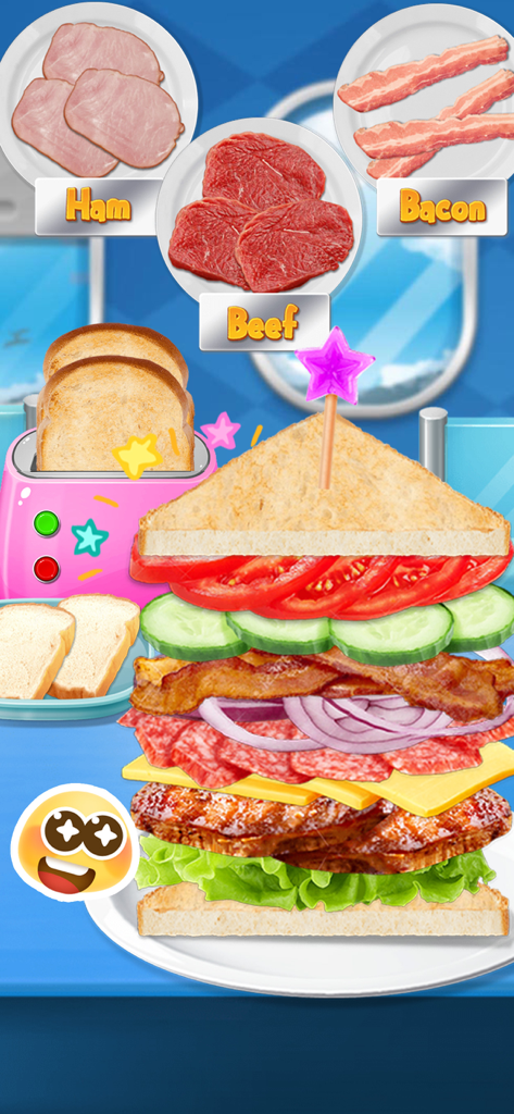 Airplane Food - Flight Chef - A large multilayered sandwich with various toppings being prepared in the Airplane Food Flight Chef game.