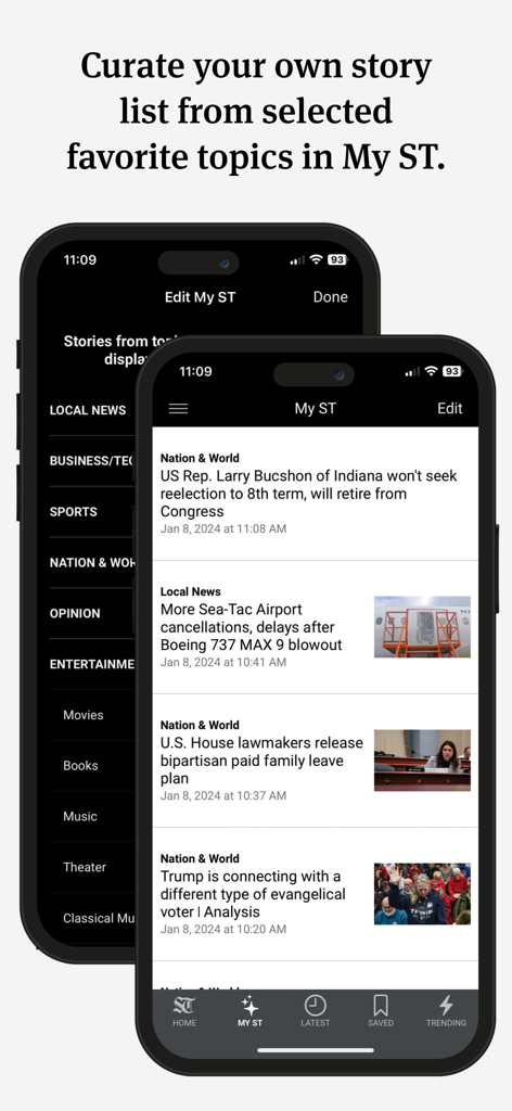 Seattle Times Mobile app showing the My ST feature to curate a personalized story list